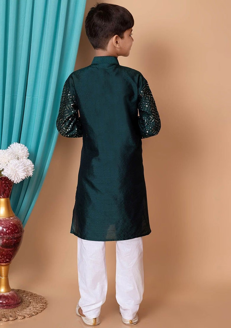 Green Embroidered Silk Kurta Set For Boys view 4
