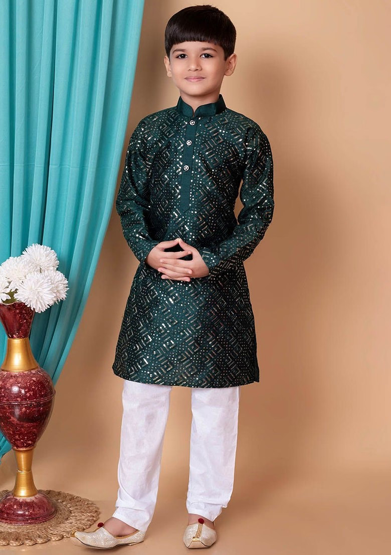 Green Embroidered Silk Kurta Set For Boys