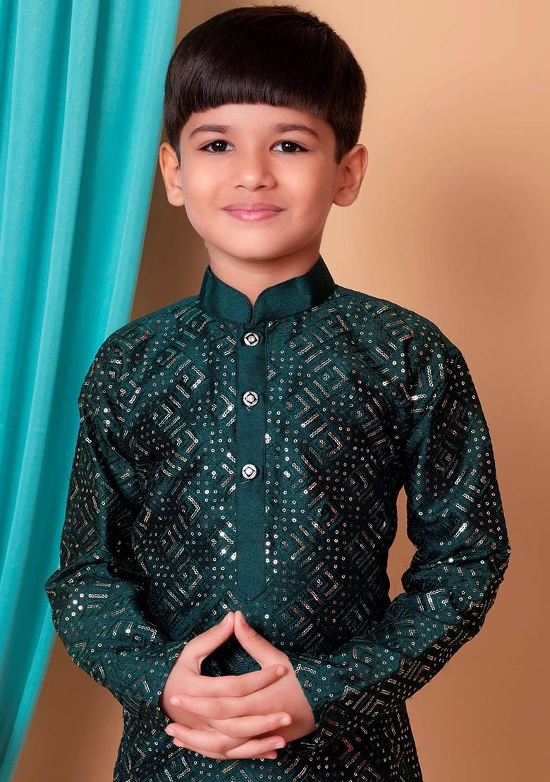 Green Embroidered Silk Kurta Set For Boys view 2